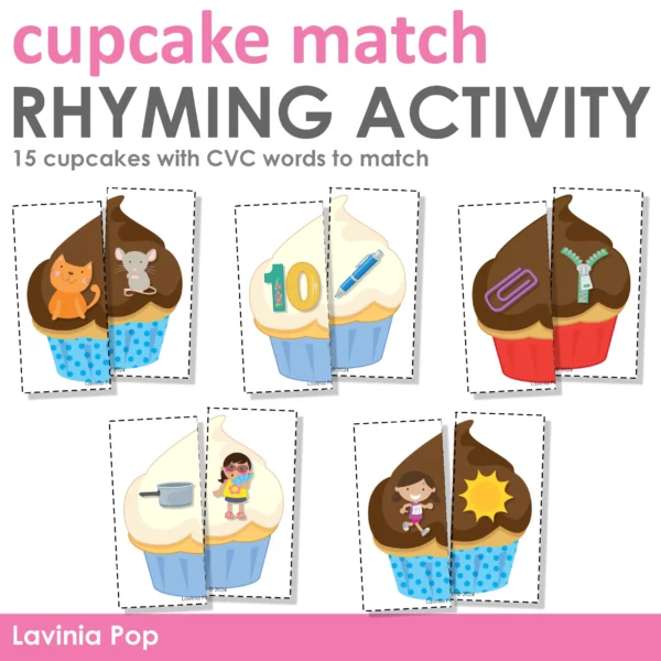 Cupcake CVC Rhyming Match Printable Activity | Preschool and Kindergarten