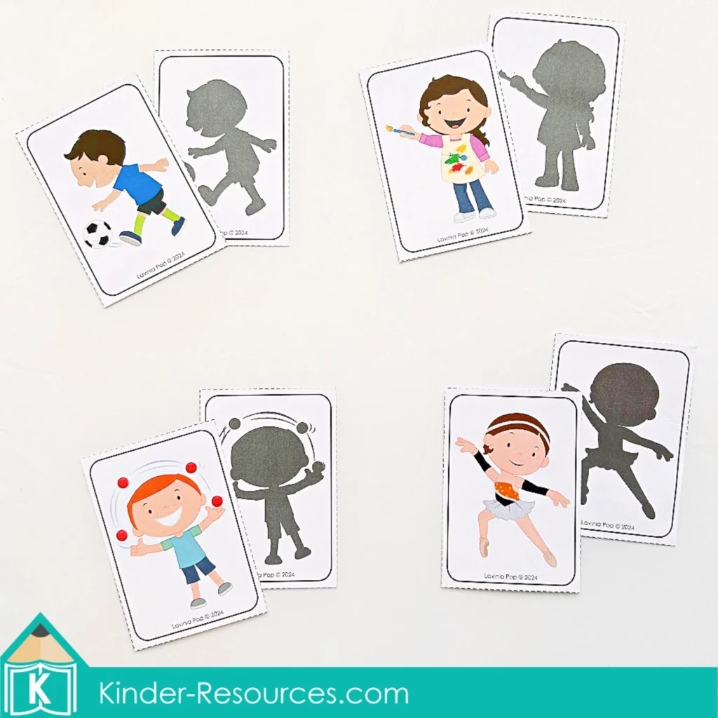 Preschool shadow matching activity with children playing and moving in different actions. Download FREE sample pages on the blog!