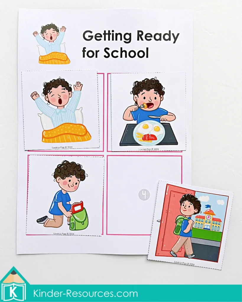 Preschool sequencing activity showing morning routine steps for an All About Me center.