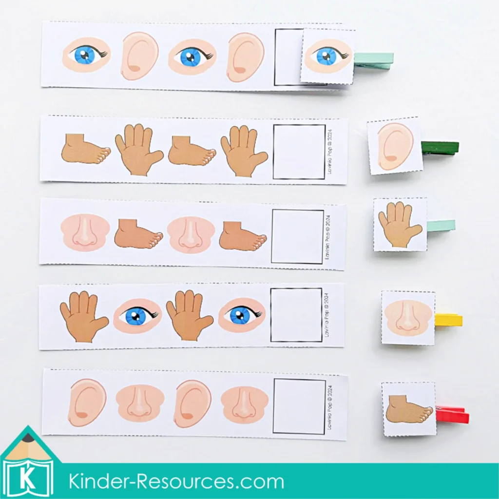 AB pattern activity for preschool using body parts cards in an All About Me theme.