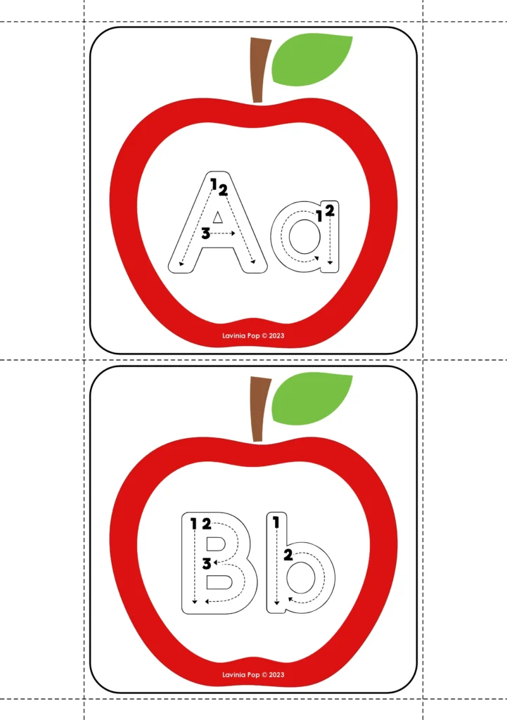 FREE Apple Alphabet Tracing Cards with Directional Arrows. Apple themed alphabet tracing cards with uppercase and lowercase letters for preschool and kindergarten handwriting practice. Download FREE sample activities here on the blog!