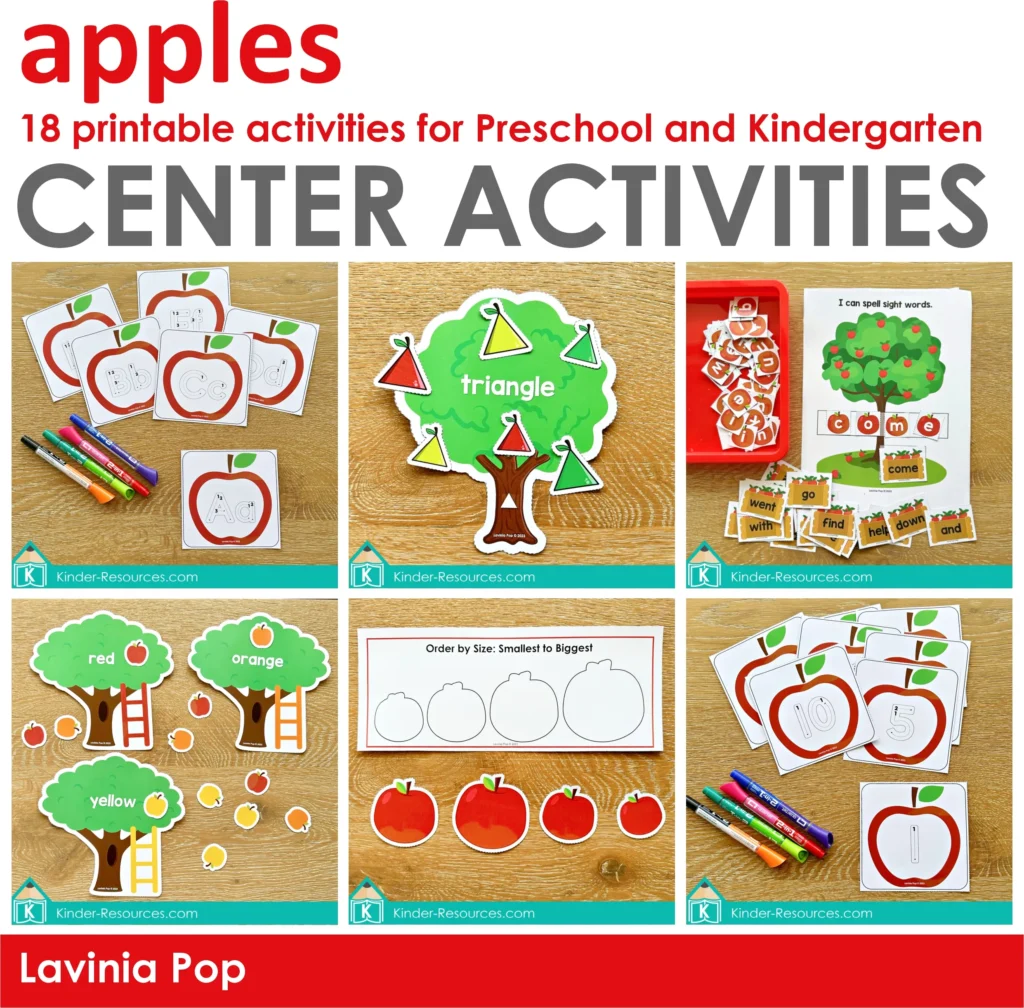 Apples Preschool Center Activities preview covers with printable math, literacy, and fine motor activities for preschool and kindergarten.