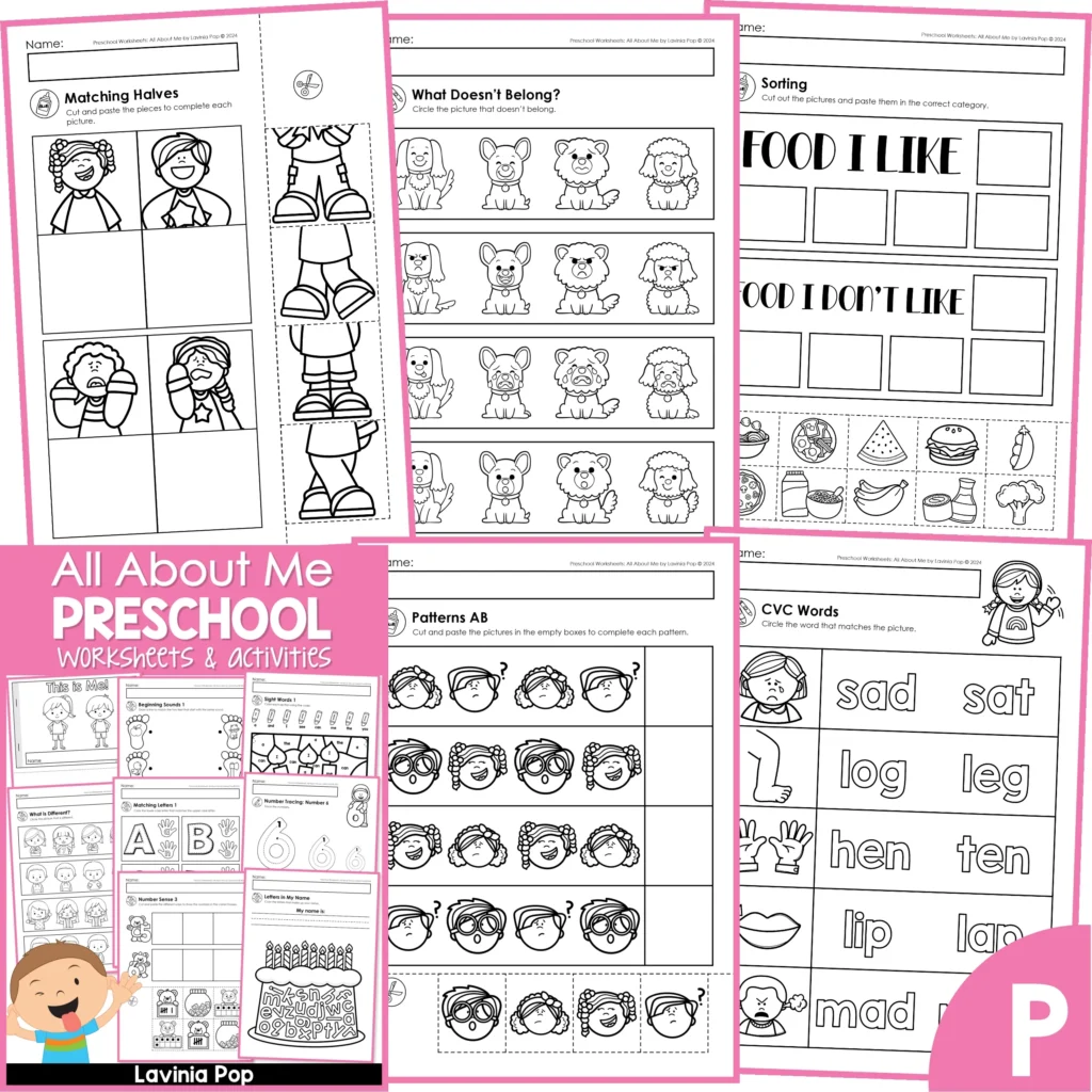 All About Me preschool worksheets pack featuring cut and paste emotions, syllables practice, alphabet sequence, pasting hands craft, and weight order activity.