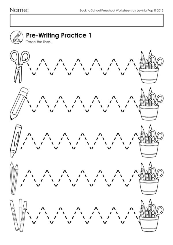 Back to School Preschool Pre-Writing Skills | Tracing, Name Writing, Gluing, Cutting