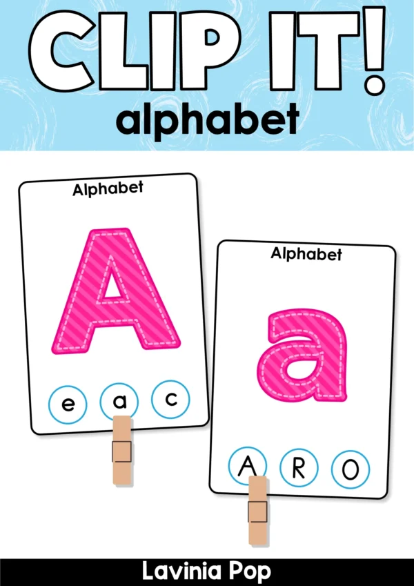 Printable alphabet match clip activity with uppercase and lowercase letter cards for preschool and kindergarten