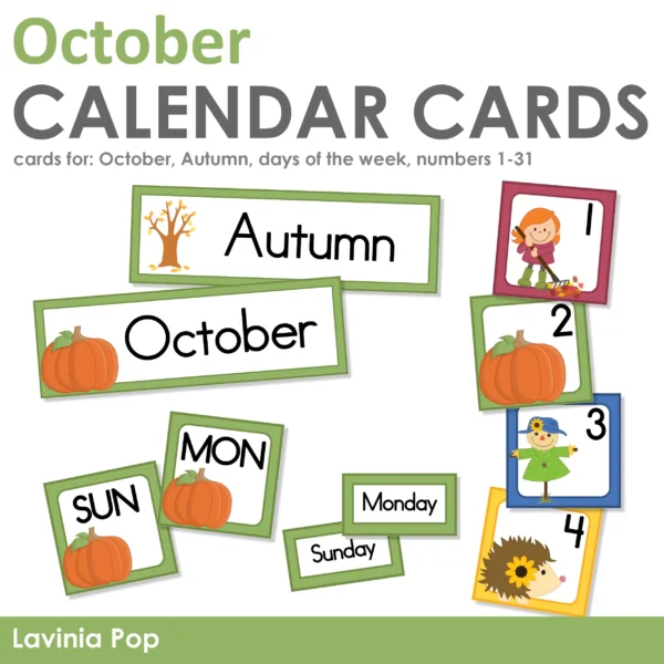 October Calendar Time Cards Pocket Chart | Number Cards, Days of the Week, Season