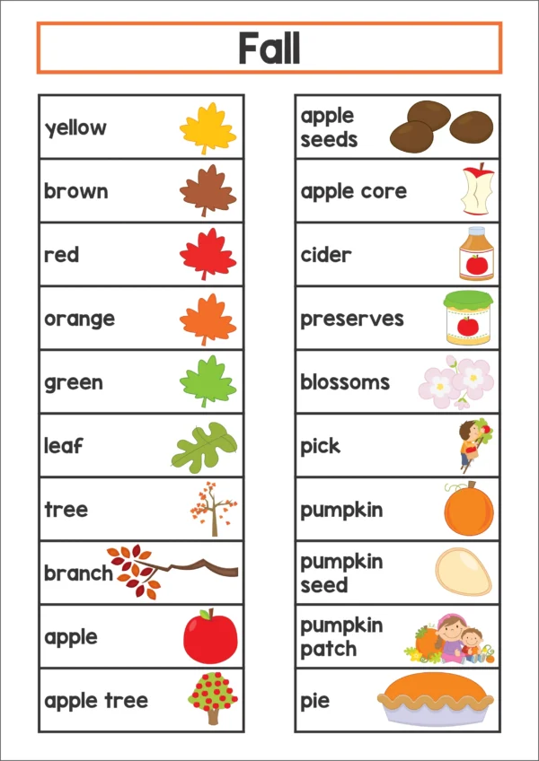 Autumn | Fall Word Wall | Vocabulary Cards for Preschool, Kindergarten First Grade