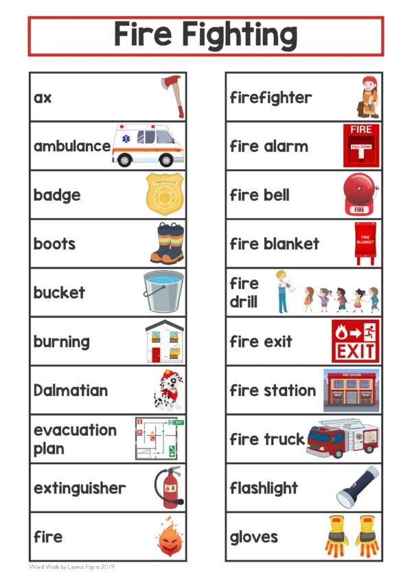 FIre Safety Word Wall | Firefighter | Firefighting packet for learning new vocabulary and writing centers