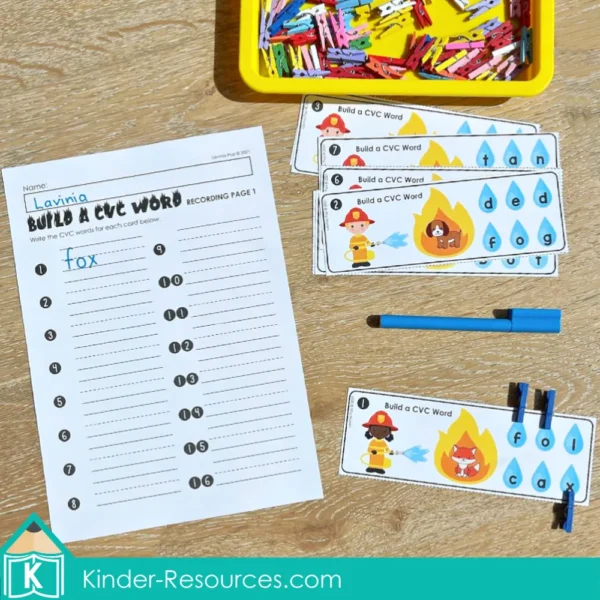 Fire Safety Literacy Center Activities for Kindergarten. Build a CVC Word