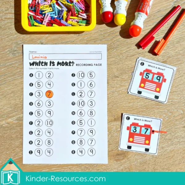 Fire Safety Literacy Center Activities for Kindergarten. Comparing Numbers More