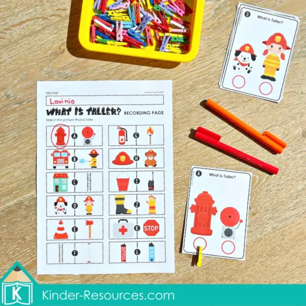 Fire Safety Literacy Center Activities for Kindergarten. Measurement Talller