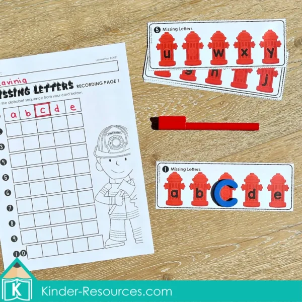 Fire Safety Literacy Center Activities for Kindergarten. Missing Alphabet Letters