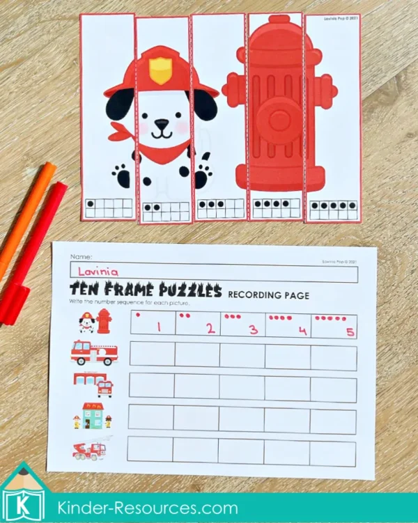 Fire Safety Literacy Center Activities for Kindergarten. Number Puzzles Ten Frames