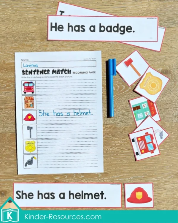 Fire Safety Literacy Center Activities for Kindergarten. Sentence and Picture Match