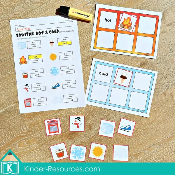 Fire Safety Literacy Center Activities for Kindergarten. Sorting Hot and Cold