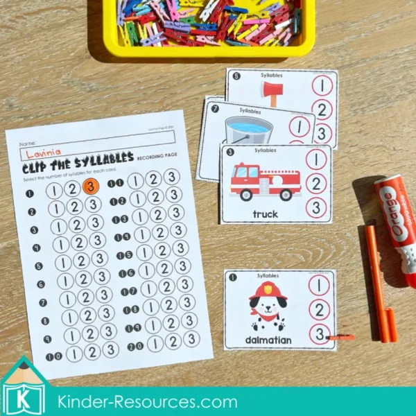 Fire Safety Literacy Center Activities for Kindergarten. Syllables