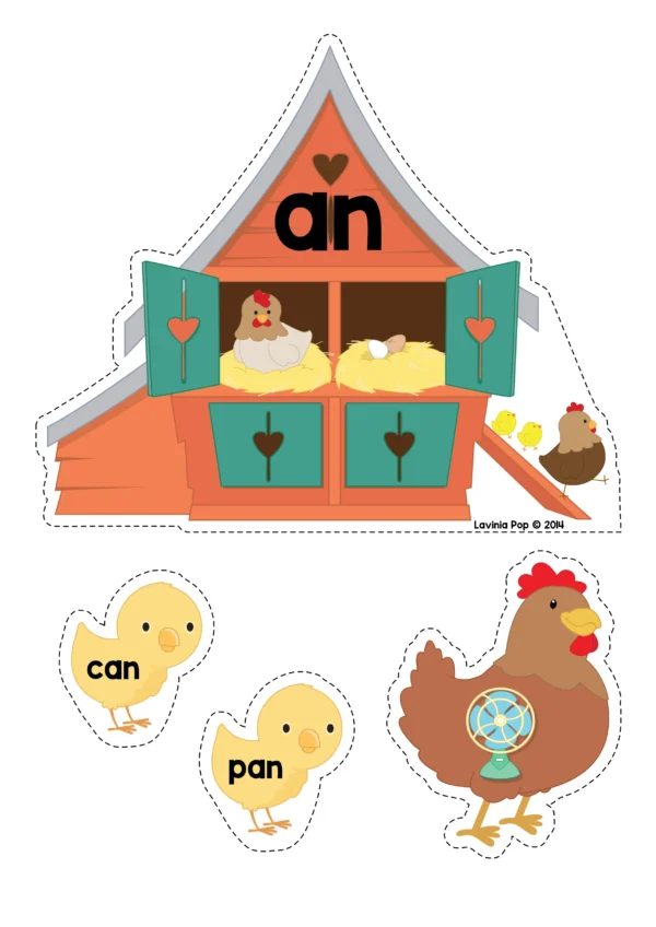 Farm Literacy Center Activities for Kindergarten. Hen and Chick Word Family Coop Match