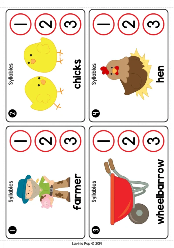 Farm Literacy Center Activities for Kindergarten. Syllable Cards