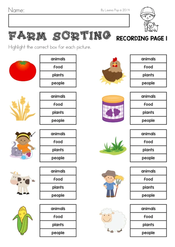 Farm Math Center Activities for Kindergarten. Sorting and Categorizing: Animals, Food, Plants, People