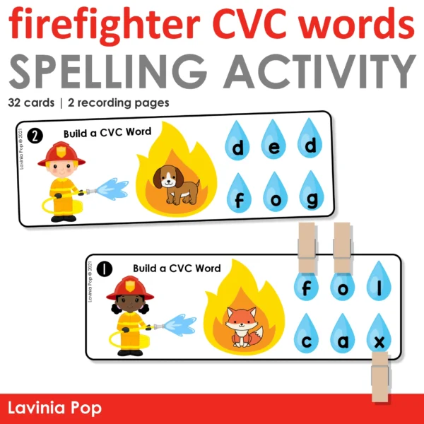 Firefighter CVC Words Spelling Activity | Literacy Center for Kindergarten