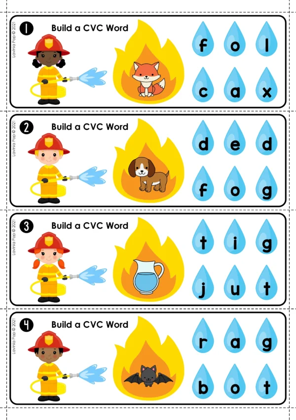 Firefighter CVC Words Spelling Activity | Literacy Center for Kindergarten