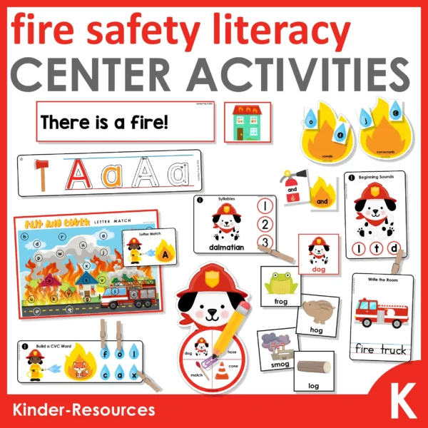 Fire Safety Center Activities for Preschool & Kindergarten | 11 printable literacy activities | fire fighter | community helper