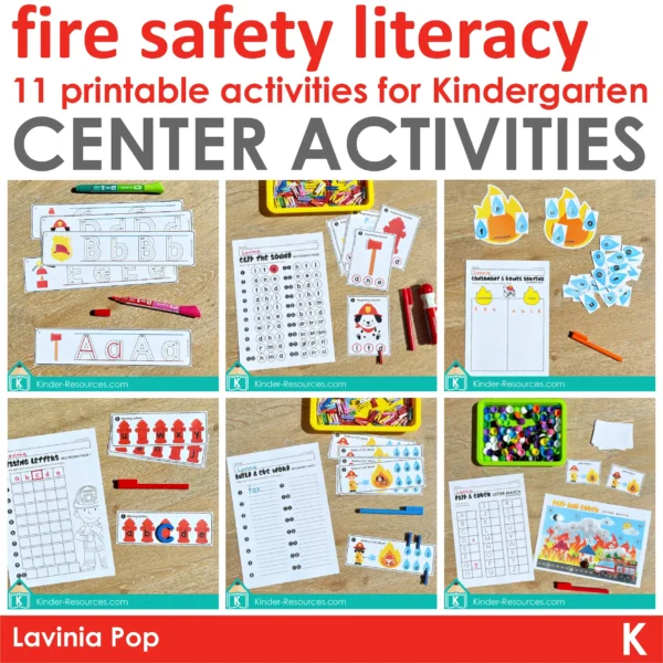 Fire Safety Center Activities for Preschool & Kindergarten | 11 printable literacy activities | fire fighter | community helper