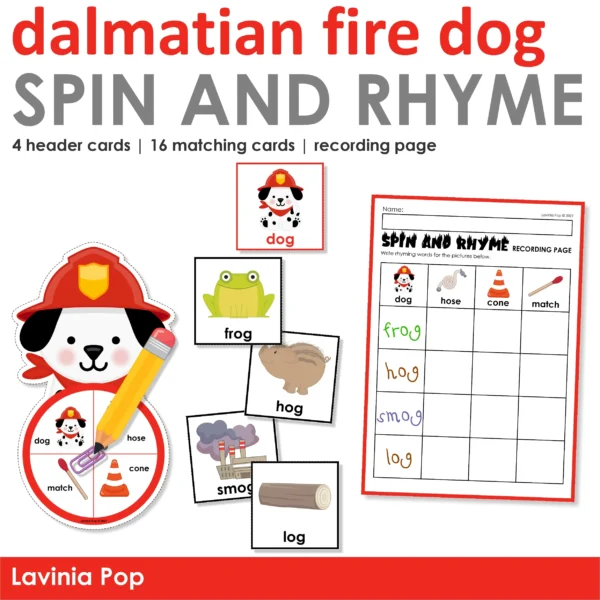 Dalmatian Fire Dog Spin and Rhyme Printable Activity | Literacy Center for Kindergarten