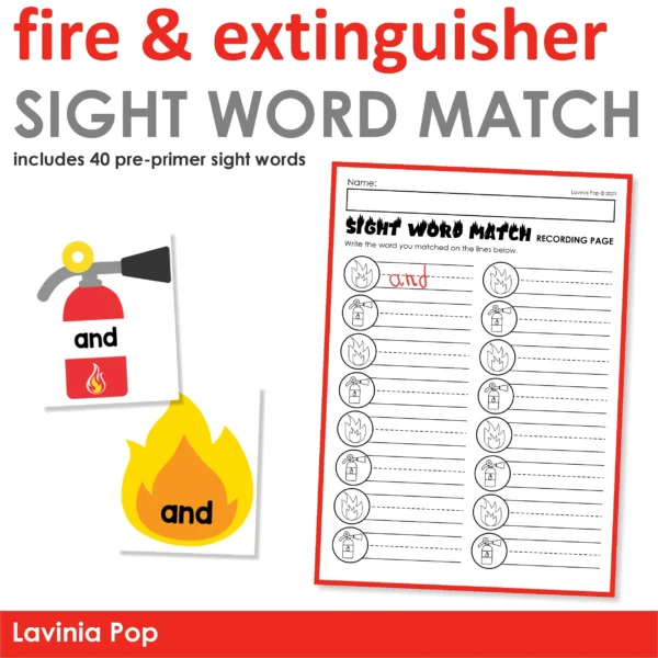 Fire and Fire Extinguisher Sight Word Match Printable Activity | Literacy Center for Kindergarten