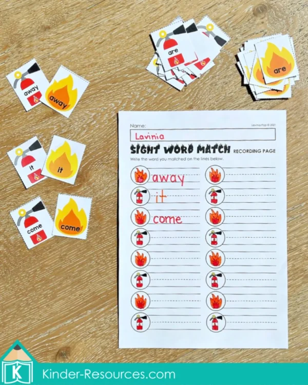 Fire and Fire Extinguisher Sight Word Match Printable Activity | Literacy Center for Kindergarten