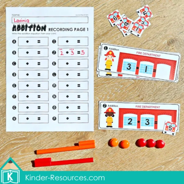 Firefighter Addition Printable Activity | Math Center for Kindergarten