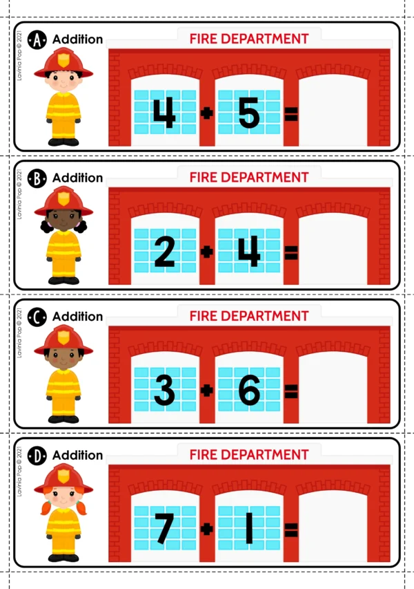 Firefighter Addition Printable Activity | Math Center for Kindergarten