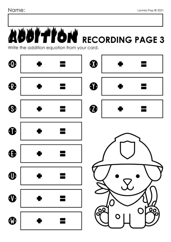 Firefighter Addition Printable Activity | Math Center for Kindergarten