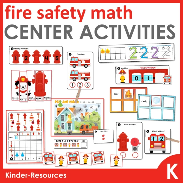 Fire Safety Center Activities for Preschool & Kindergarten | 11 printable math activities | fire fighter | community helper