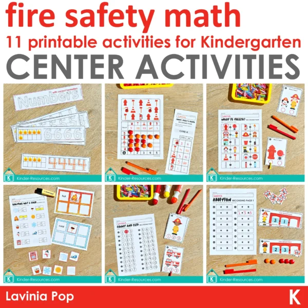 Fire Safety Center Activities for Preschool & Kindergarten | 11 printable math activities | fire fighter | community helper