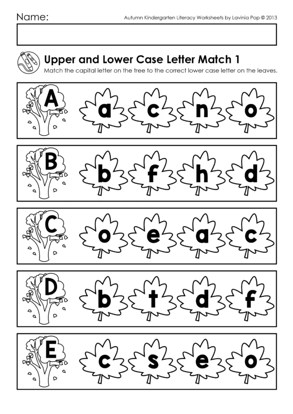 Autumn Tree Alphabet Match Worksheets | Upper and Lower Case Letter Match