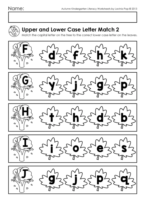 Autumn Tree Alphabet Match Worksheets | Upper and Lower Case Letter Match