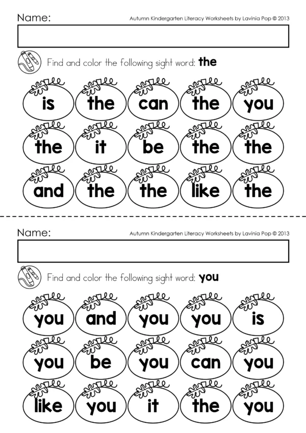 Pumpkin Sight Word Match Printable Activity | Preschool and Kindergarten