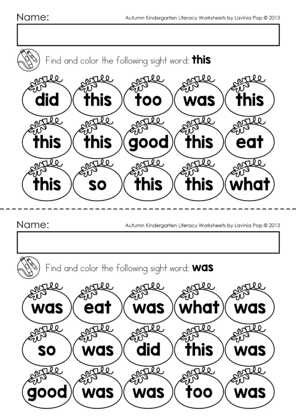 Pumpkin Sight Word Match Printable Activity | Preschool and Kindergarten