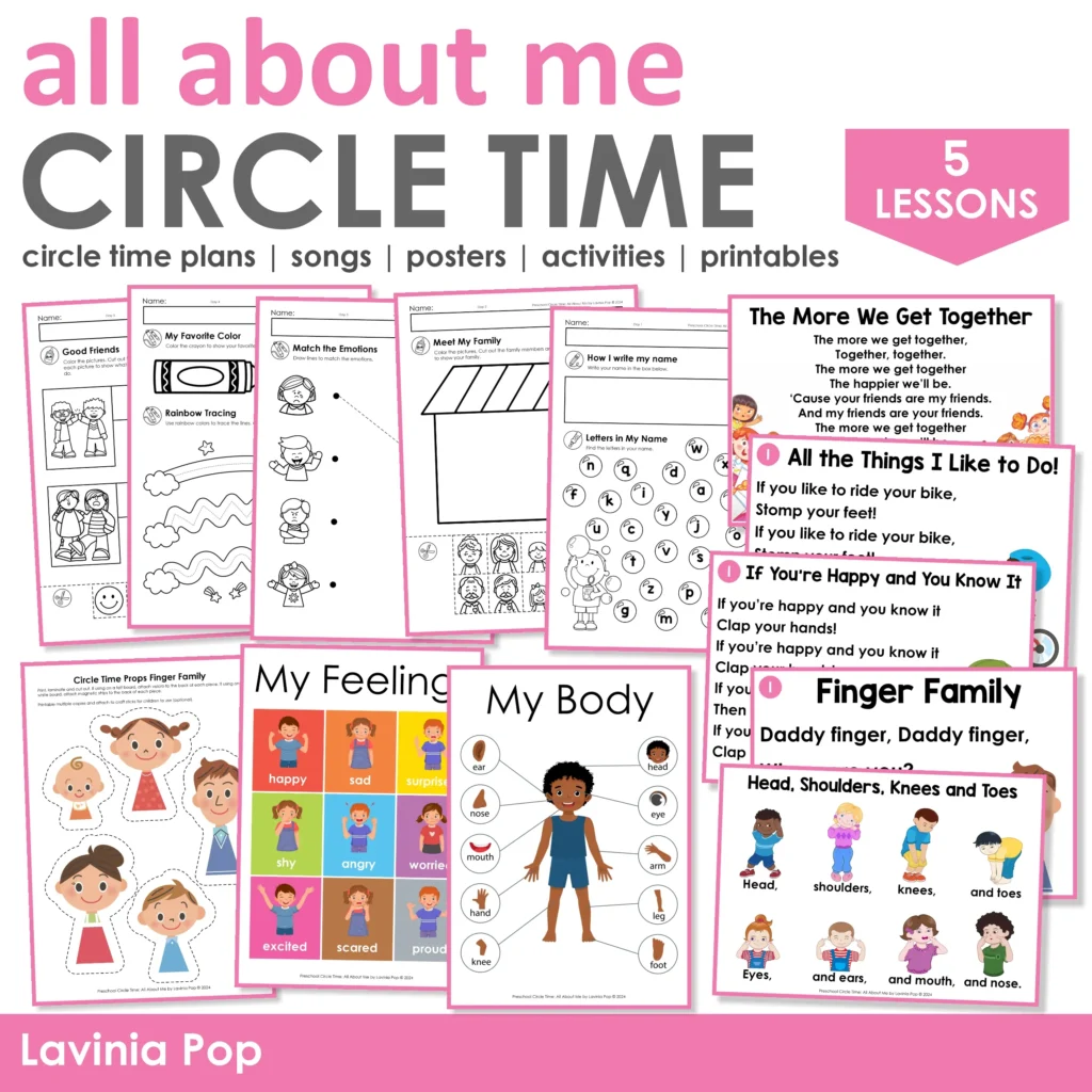 All About Me preschool circle time resource with lesson plans, songs, posters, and printables for five days