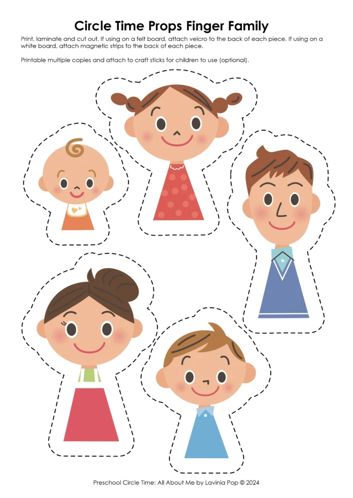 Printable finger family props for preschool circle time All About Me theme