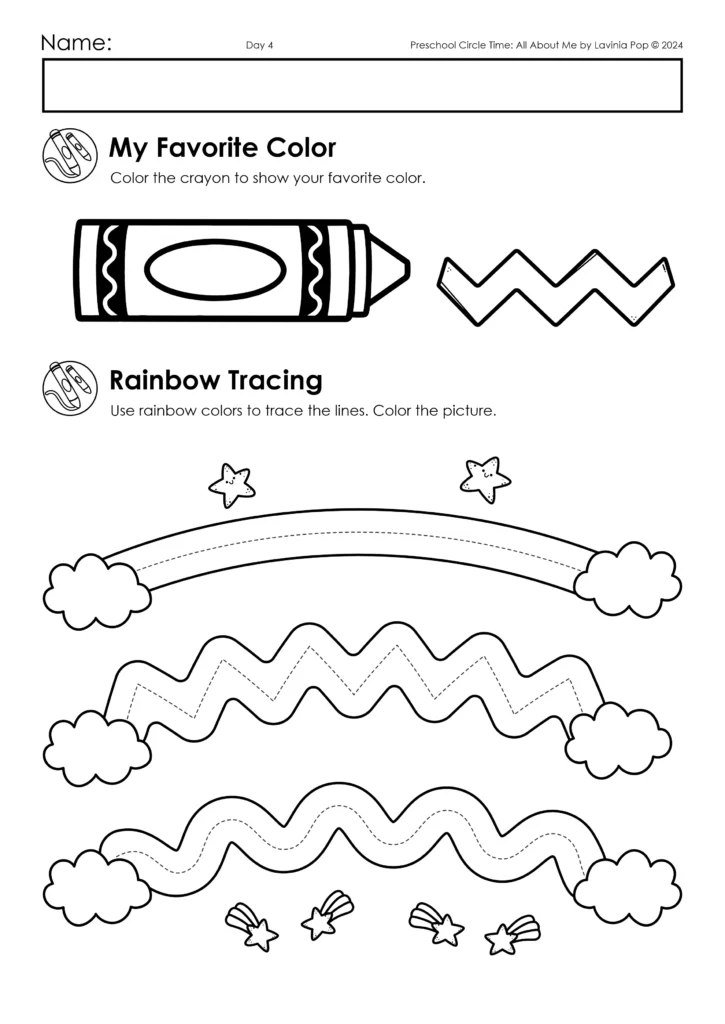 Rainbow tracing worksheet for preschool fine motor practice in All About Me circle time