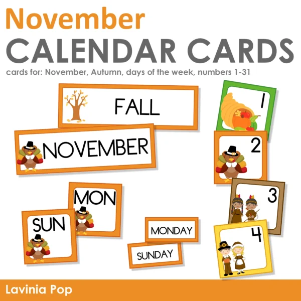 November Calendar Time Cards Pocket Chart | Number Cards, Days of the Week, Season