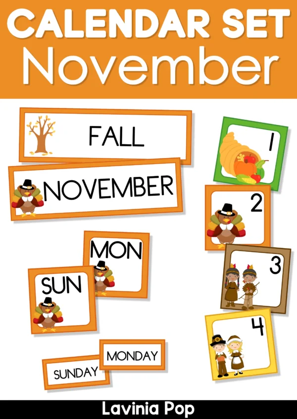 November Calendar Time Cards Pocket Chart | Number Cards, Days of the Week, Season