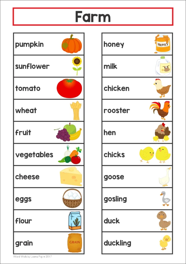 Farm Themed Word Wall packet for learning new vocabulary and writing centers