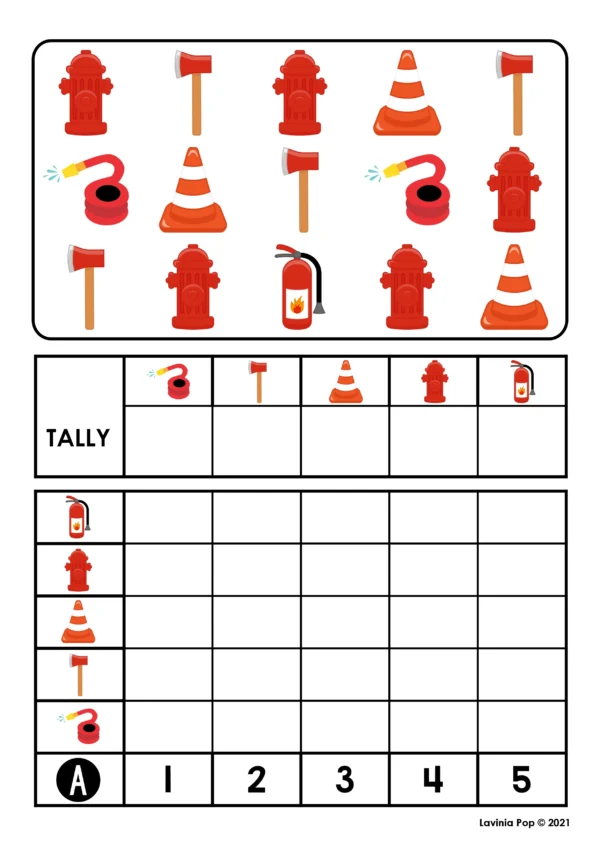 Firefighter Count, Tally, Graph Printable Activity | Math Center for Kindergarten