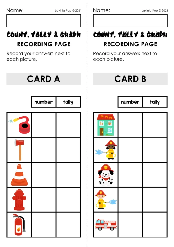 Firefighter Count, Tally, Graph Printable Activity | Math Center for Kindergarten