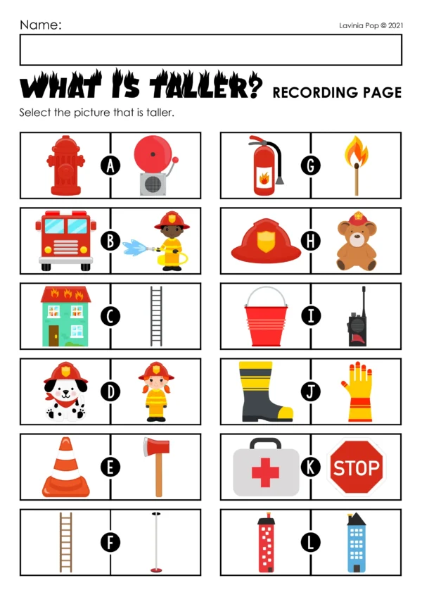 Firefighter Measurement Printable Activity | Math Center for Kindergarten