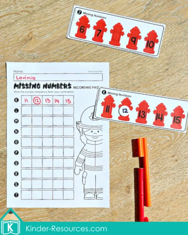 Firefighter Missing Numbers Printable Activity | Math Center for Kindergarten