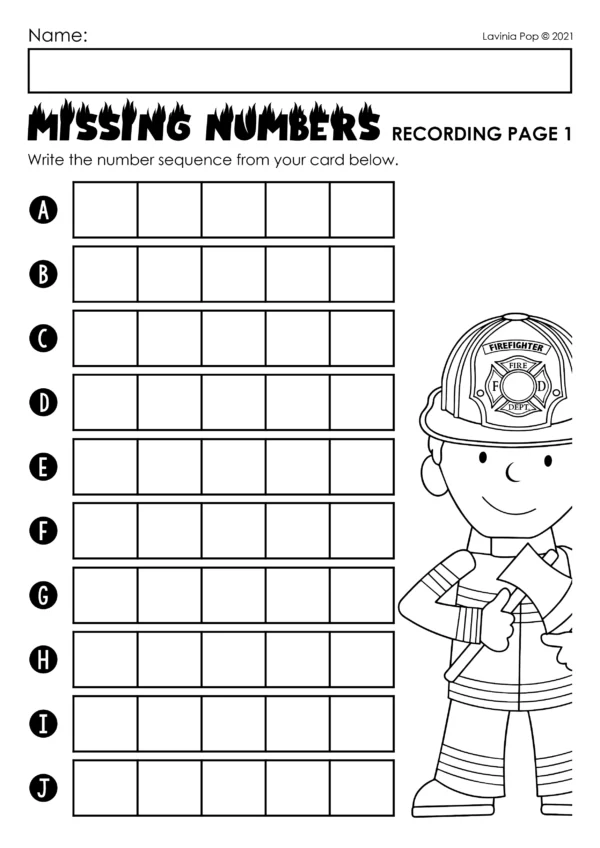 Firefighter Missing Numbers Printable Activity | Math Center for Kindergarten